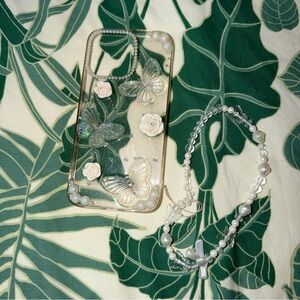 Clear Floral and Butterfly iPhone 14 Pro Max Case with Beaded Strap